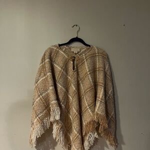 Bound Valley Weavers Plaid Beige Poncho with Fringe